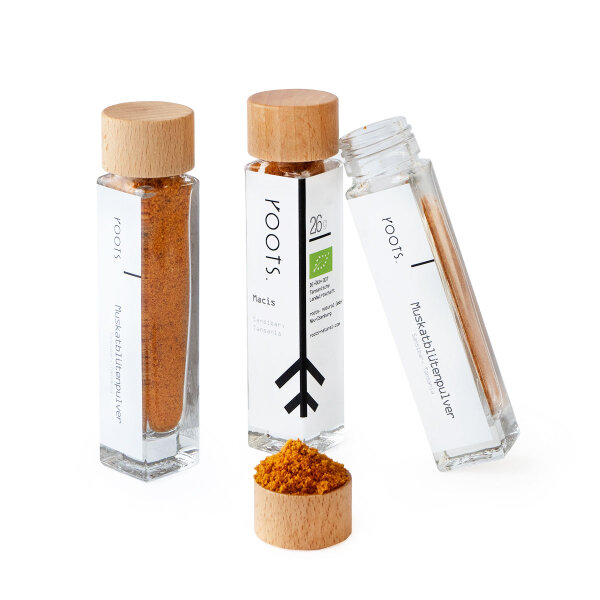 Muskatblüte gemahlen bio im roots. Gewürzglas