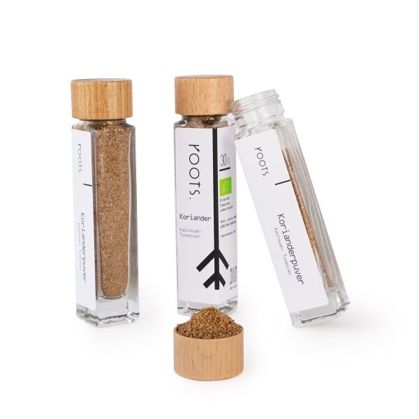 Korianderpulver bio im roots. Gewürzglas